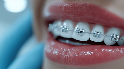 Smiling with Orthodontic Brilliance: A captivating close-up showcases a radiant smile adorned with gleaming orthodontic braces, emphasizing dental health and alignment. Ai Image