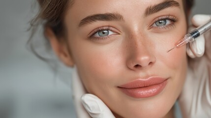 Beauty Enhancement: A close-up shot of a smiling, radiant individual, capturing a cosmetic procedure with a needle, emphasizing smooth skin and enhanced features. Ai Image