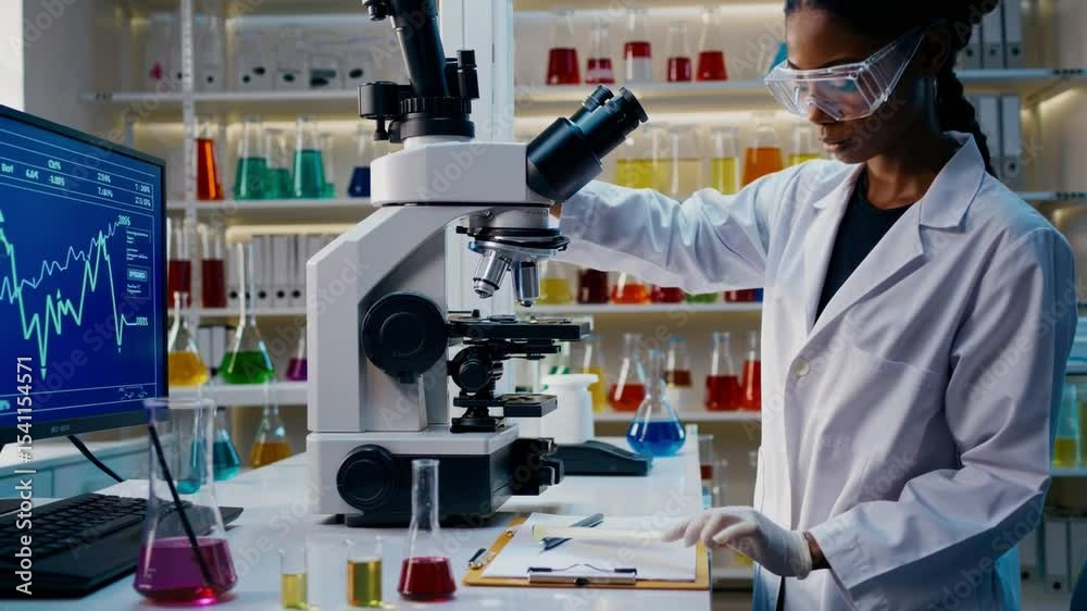 Poster scientist laboratory microscope research analysis precision experiment technology glassware focused 