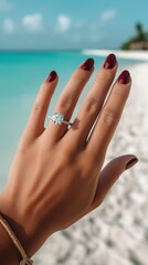 Beach Engagement Ring: An intimate, close-up shot showcasing a stunning diamond engagement ring, artfully displayed on a hand against the backdrop of an exotic beach. Ai Image