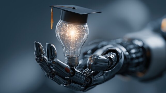 Knowledge Embodied: A metallic robotic hand tenderly cradles a glowing lightbulb adorned with a graduation cap, symbolizing the fusion of artificial intelligence and higher education. Ai Image