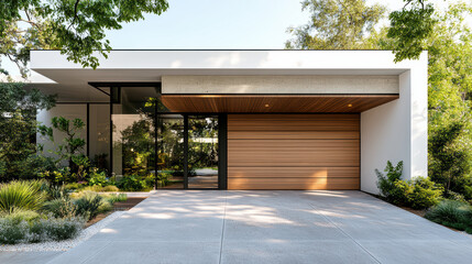 Modern home exterior with sleek design, large windows, and wooden garage door, surrounded by