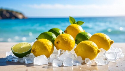 夏のリフレッシュ：ビーチの氷上レモンとライムGenerated image
