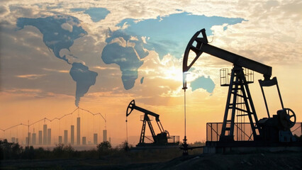 Oil pumps with global map and city skyline highlight energy price and renewable transition. Oil price and renewable energy concept. economic effect, energy security, financial market connection.