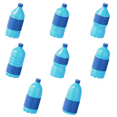 3D Plastic Bottle Icon Set – Various Shapes and Caps for Water, Juice, or Soda Packaging