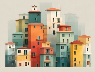 Contemporary Multi-Story Architecture, a flat design vector art illustration of a building's facade, highlighting its geometric patterns and layered balconies Modern Urban Living Evening Illuminated