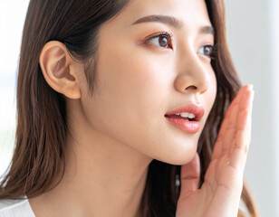 Obraz premium 肌の状態をチェックする若い女性/Young woman checking her skin condition