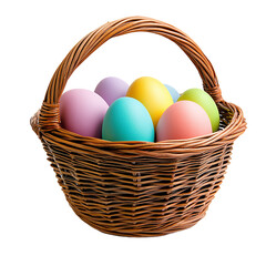 Colorful easter eggs in wicker basket, isolated on transparent background.