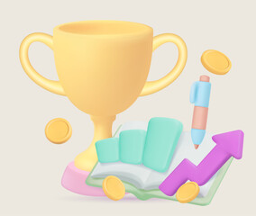 golden trophy, stock chart, pencil, pen, and the chart showing the rise of the stock indicate the plan to gain benefits in the future.