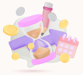 Hourglass calendar and stock chart pencil and silver coin gold coin images representing various icons for use as decoration and clip art.