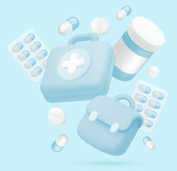 Cute illustration of generic medicine blister pack for drugstore to use for promoting medicine and nutrition on light blue Pastel tones background.