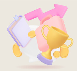golden trophy, stock chart, and the chart showing the rise of the stock indicate the plan to gain benefits in the future.Pastel tones