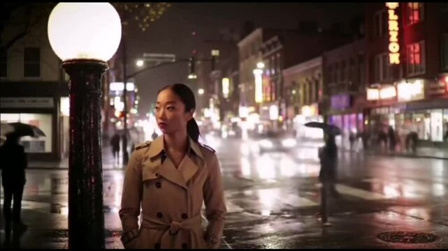 A wide shot of a street where the subject stands beside a lamppost, everything else in stillness.