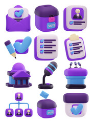 3D Political and Election Icon Set – Voting, Government, Checklist, Microphone, Candidate