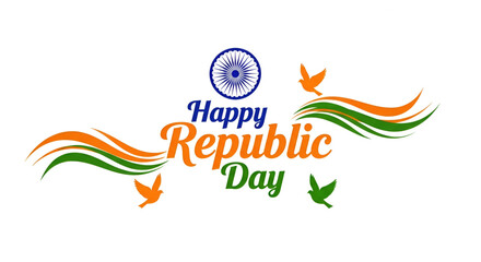 Happy Republic Day India Graphic with Flying Doves, Ashoka Chakra, and Abstract Tricolor Wave Celebrating Indian Freedom, Unity, and Patriotism on 26 January