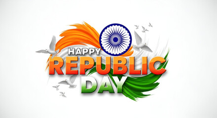 Bold Republic Day Poster with Ashoka Chakra, Flying Birds, and Tricolor Brush Strokes Celebrating Indian Pride, Patriotism, and Independence Spirit