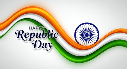 Elegant Republic Day Banner Featuring Indian Tricolor Wave, Ashoka Chakra, and Text  Celebrating India's 26 January with Patriotic Spirit and Pride