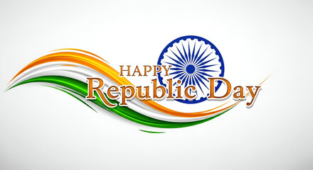 Elegant Republic Day Banner Featuring Indian Tricolor Wave, Ashoka Chakra, and Text  Celebrating India's 26 January with Patriotic Spirit and Pride