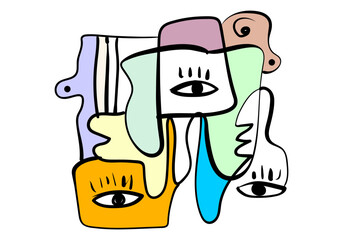 expressive abstract face art composition with a dominant light blue and white figure