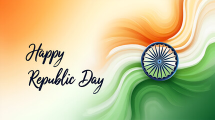 Elegant Republic Day Banner Featuring Indian Tricolor Wave, Ashoka Chakra, and Text  Celebrating India's 26 January with Patriotic Spirit and Pride