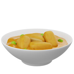 3D illustration of sambal pecel, an Indonesian dish with tofu and vegetables served with a flavorful spicy sauce, perfect for food visuals.