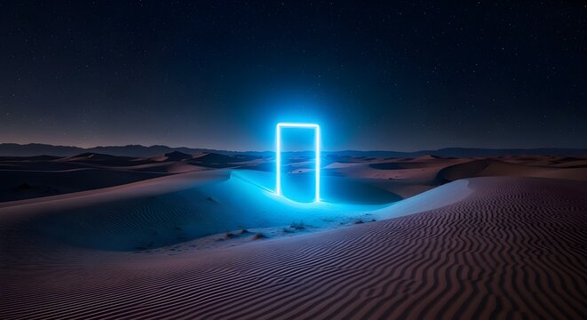 Glowing blue Portal in a Night Desert Landscape