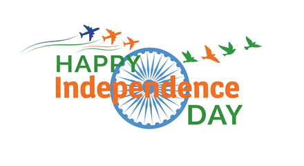 Creative Indian Independence Day Design with Tricolor Jets, Flying Birds, Ashoka Chakra, and Bold Typography  Symbol of Freedom, Patriotism, and Celebration
