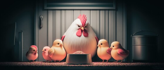 Angry rooster, chicks, food