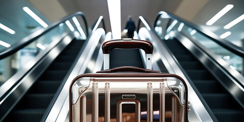 Obraz premium Sleek Suitcase on Escalator with Blurred Traveler in Background