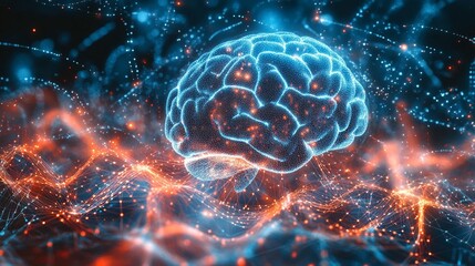 Fototapeta premium Abstract representation of a brain, surrounded by digital network