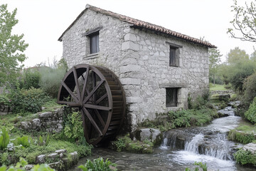 an old European style water mill built beside a rock