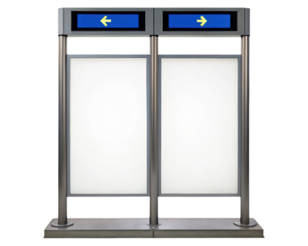 Double-sided information display stand with blank signs on a transparent background - Powered by Adobe