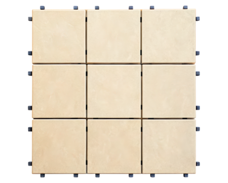 Square interlocking beige floor tiles for outdoor use on a transparent background