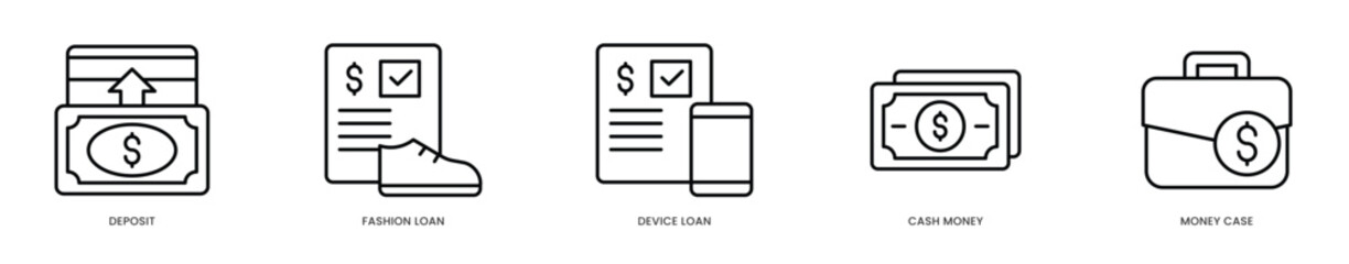 Editable Stroke Icons - Modern Deposit and Loan Services Concept  Fashion Financing, Device Loans and Cash Money in Secure Case