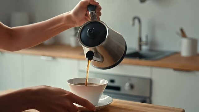 Close-up of hands making pour-over coffee in a bright minimalist kitchen