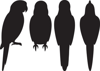 parrot silhouette icons set side, front, back, and top views vector art illustration.