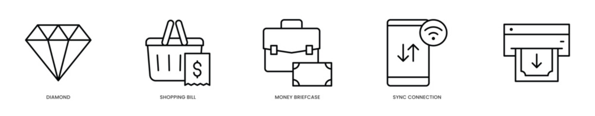 Editable Stroke Icons - Luxury Diamond Shopping & Financial Sync Concept  Money Briefcase with Digital Payment Connection