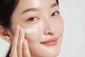 Applying Facial Cream: Close-up of a woman applying moisturizer to her face with a focus on skincare and healthy complexion.