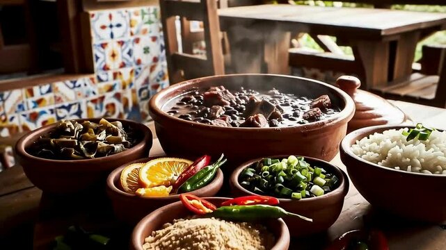 Close up of a bowl of feijoada with meat and beans on a table with decorative background