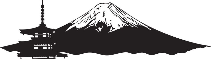 Silhouette of Mount Fuji with a pagoda, minimal lines on clean white background