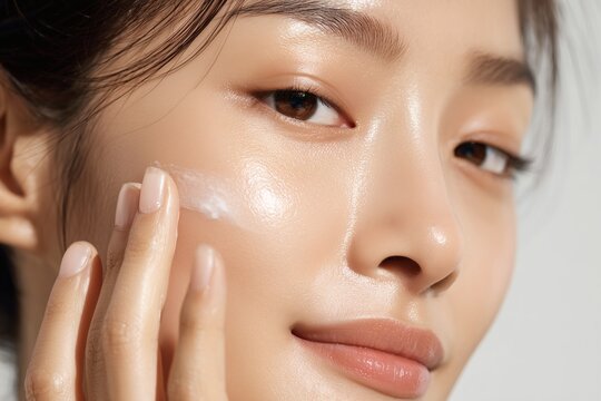 Skincare Routine: Woman applies cream to her face. Healthy, glowing skin. Perfect base for makeup, highlighting youthful, radiant complexion.