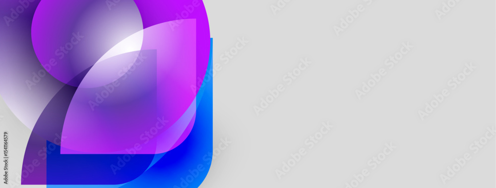 Poster abstract shapes overlap, creating vibrant purple, blue hues. minimalist design with large gray space