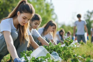 a group of young people clean a public park while picking up trash