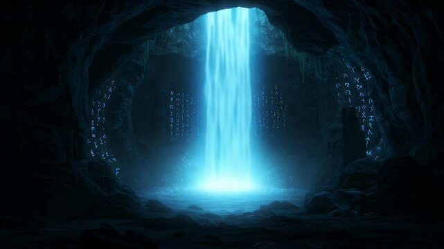 Cave with a luminous waterfall