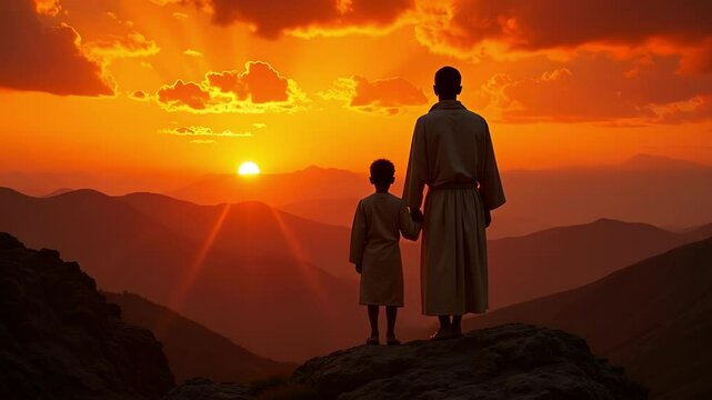 Dramatic 4K Footage of Isaacs Sacrifice on Mount Moriah depicting divine intervention and a poignant father-son moment