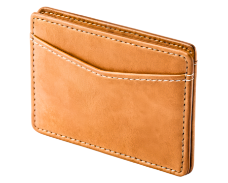 Brown leather card holder with white stitching on a transparent background