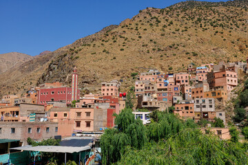Scenic views of traditional Moroccan buildings near Sti Fadma along the Ourika River, near Marrakech, west Morocco 