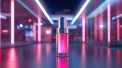 A glowing antiaging skincare serum in an abstract, futuristic setting