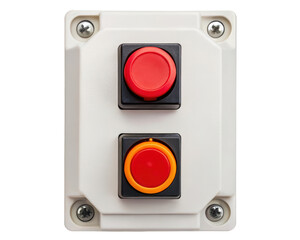 Industrial control panel with two red push buttons on a transparent background