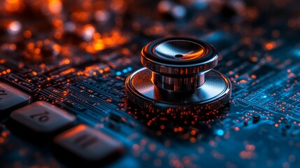 Close-up of a stethoscope on a circuit board
